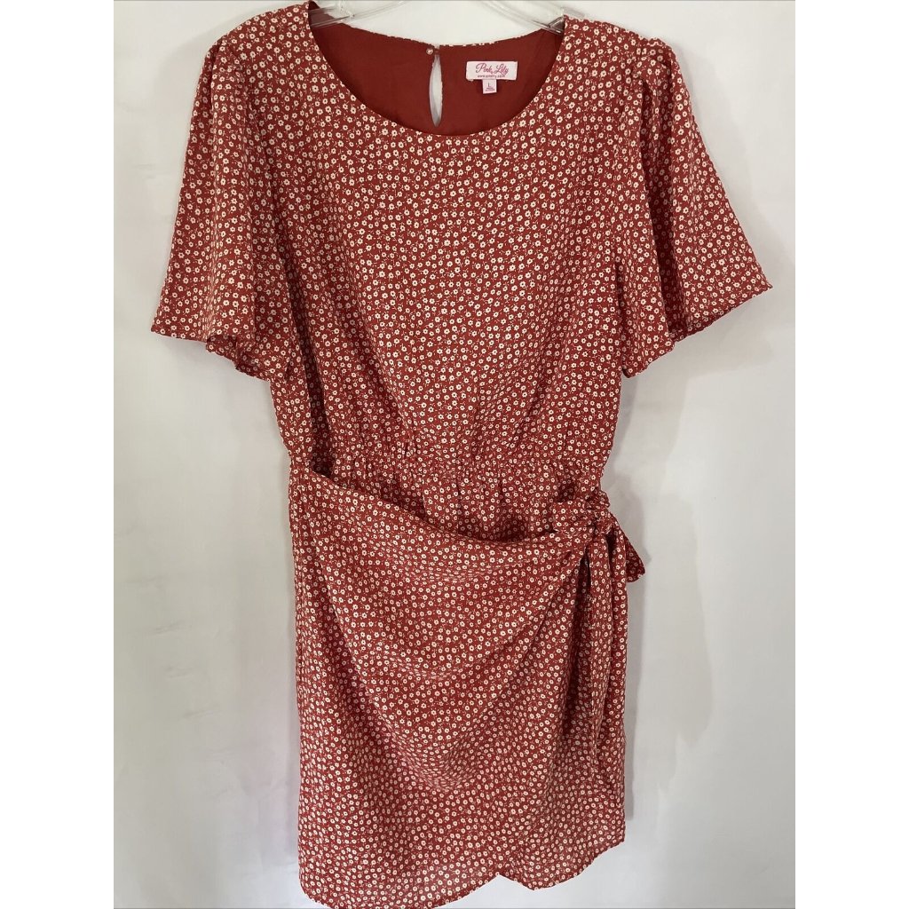 Pink Lily Dress Wrap Front Floral Pattern Women’s L Rust Orange W/White Flowers